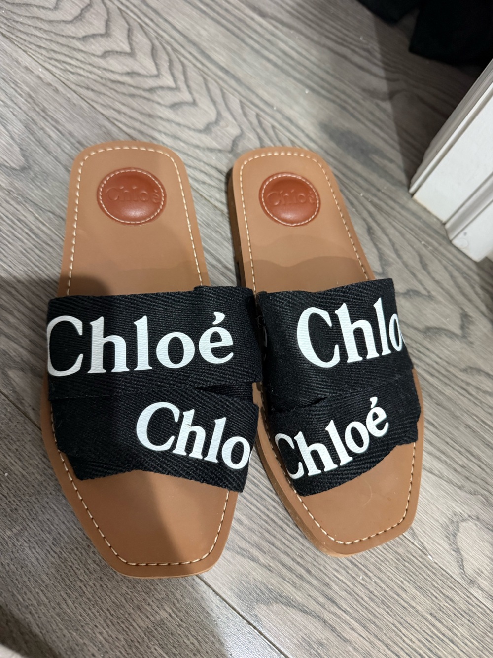 Chloé Black Logo Ribbon Slide Sandals with Tan Footbed - Picture 3 of 7